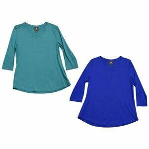 JM Collection Bundle - 2 Tops 3-Qtr Sleeve Scoop Neck Blue and Green Rayon - PM